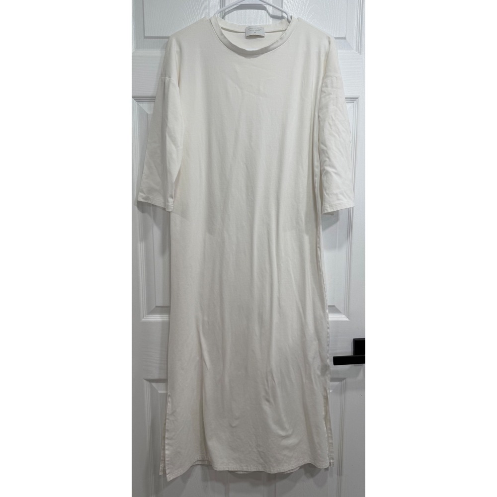 Recollection Womens XS Cream Cotton Stretch Maxi T Shirt Dress Side Slit Modest